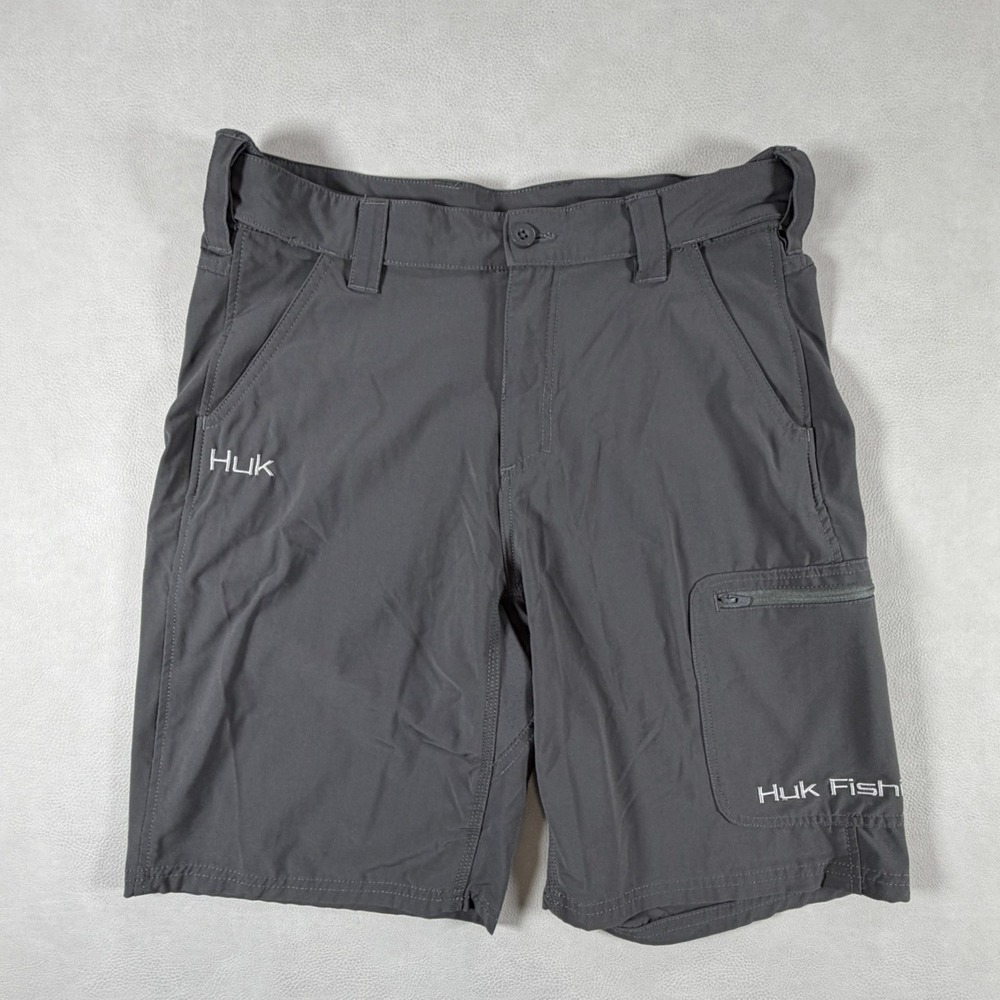 Huk Performance Fishing Shorts Mens Medium Gray Cargo Zipper Pockets Stretch